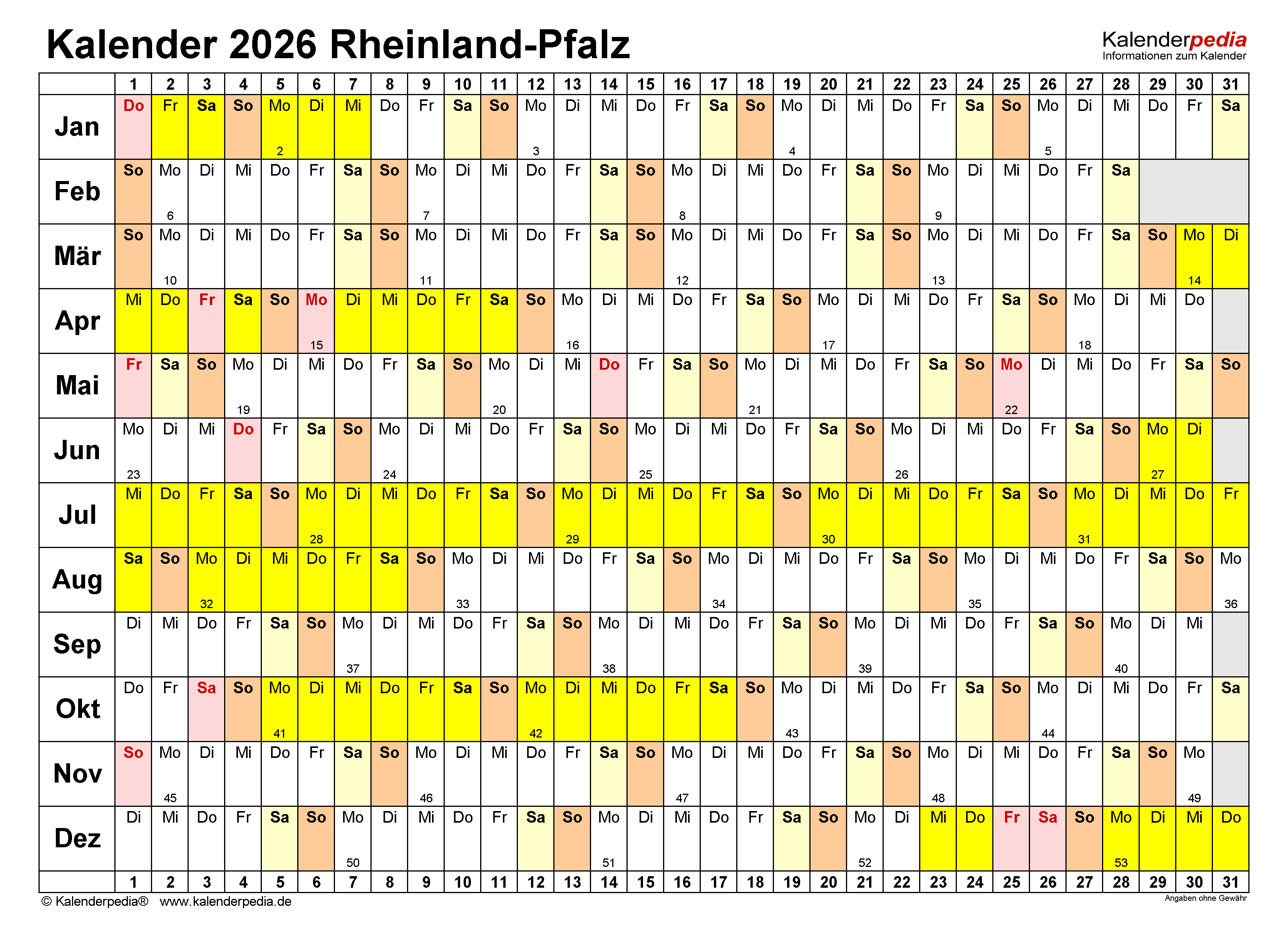  Kalender 2026 Rheinland-Pfalz: Ferien, Feiertage, Excel-Vorlagen Motiv 